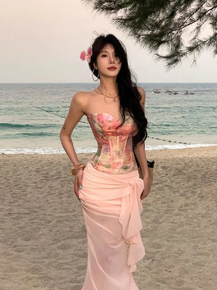 

Комплект XZY Chic: укороченный топ и юбка омбре с принтом для пляжного отдыха, большие размеры, женская мода