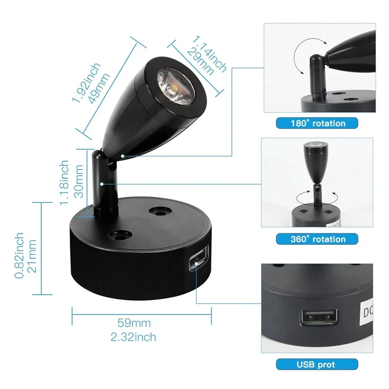 2W LED Trailer Light DC12V 24V with Switch USB Charging Port Bedside Light Hotel Bedroom Light RV Camper Car Yacht Boat Lamp