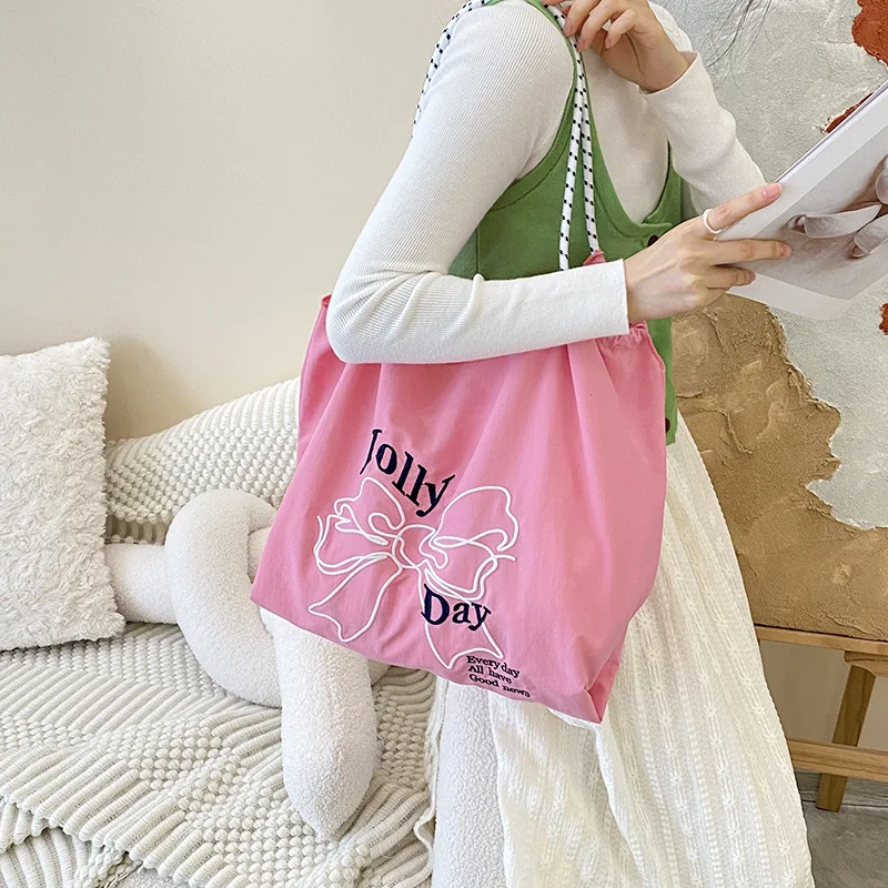 1 Piece Summer Bow Shoulder Bag for Girl Sweet Korean Fashion Tote Bag  Large Capacity Drawstring Embroidered Shopping Bag