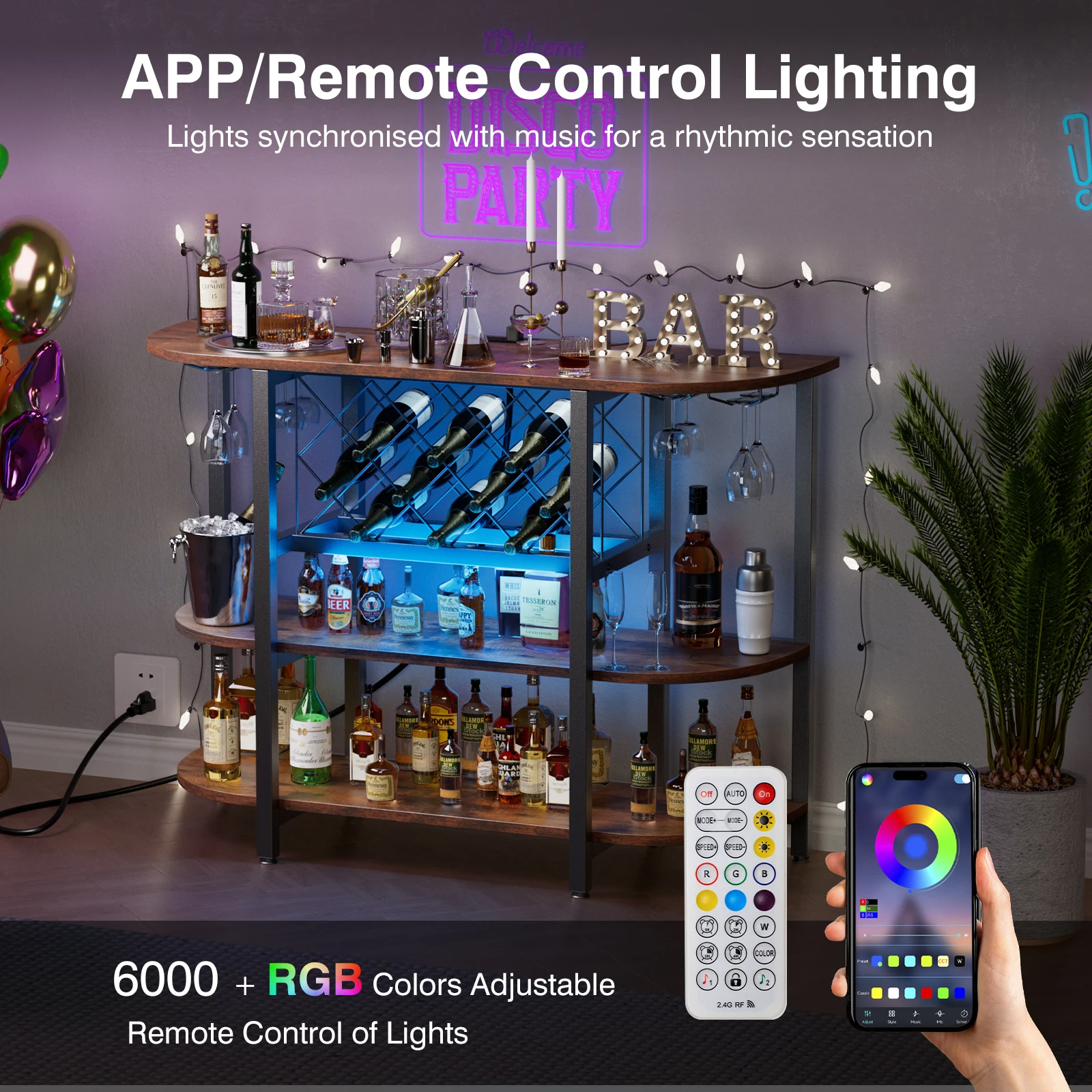 JHK LED Home Bar Cabinet with Storage Bar Cart with Charging Station Metal Wine Cabinet Liquor Cabinet Table with Glasses Holder and Wine Bottle Holder view 3