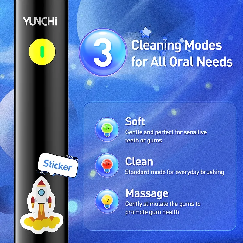 Детская электрическая зубная щетка Yunchi с мягкой щетиной для детей Sonic Clean Teeth, перезаряжаемая от USB, с 2-минутным таймером