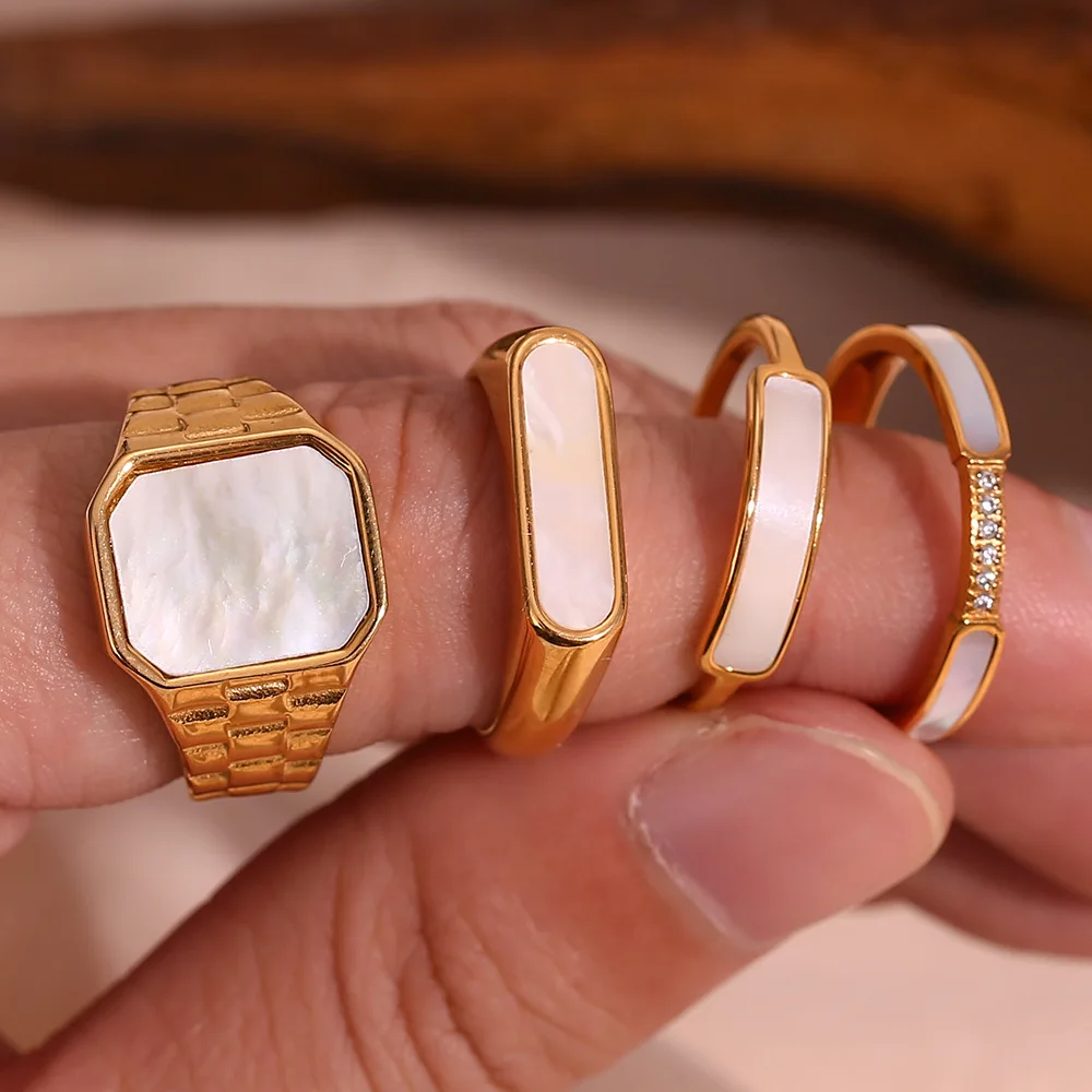 White Shell Stackable Ring Set Gold Plated Geometric Rectangular CZ Inlay Minimalist Women Daily Statement Jewelry