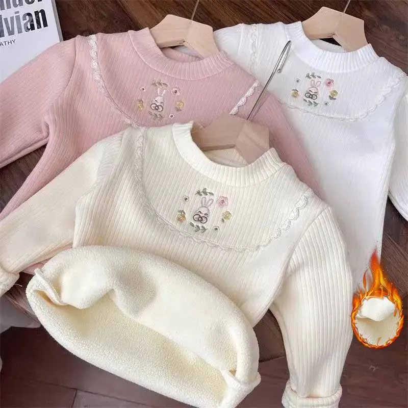 

Girls' Thick Velvet Warm T-shirt Kids Long Sleeves Pullover Autumn Winter Embroidery Clothing Children Casual Fleece Sweatshirts