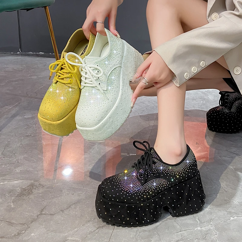 High Top Spring Black Women Shoes New Style Fashion 9.5CM Platform Shoes Platforms Sneakers Tide Shine Bling Rhinestone Shoes