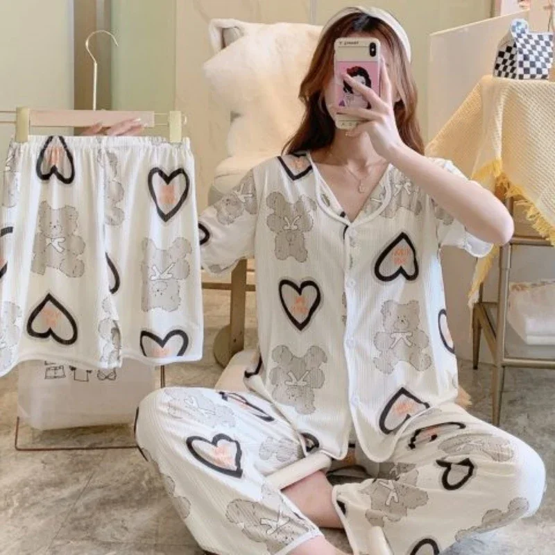3 قطعة/المجموعة الصيف Homewear السيدات قصيرة الأكمام منامة النساء Homewear فضفاض المتسكعون Ins نمط أربعة مواسم النساء منامة