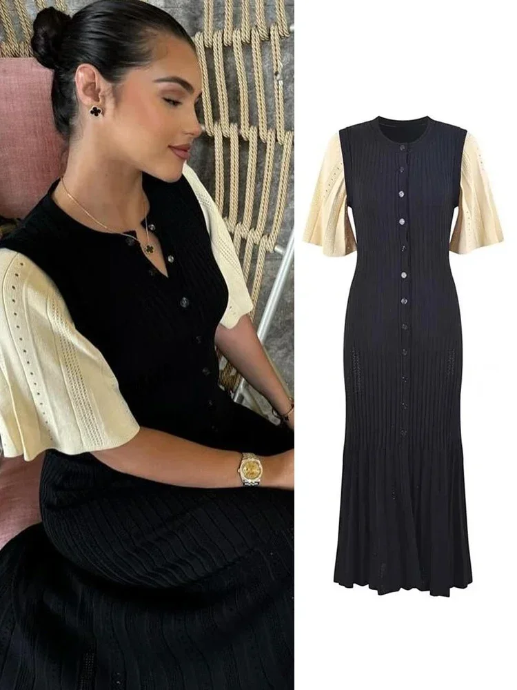 

Chic Patchwork Knitted Maxi Dress For Women elegant Short Sleeve Hollow Out Ribbed Long Dresses O-Neck High Waist Lady Knitwear