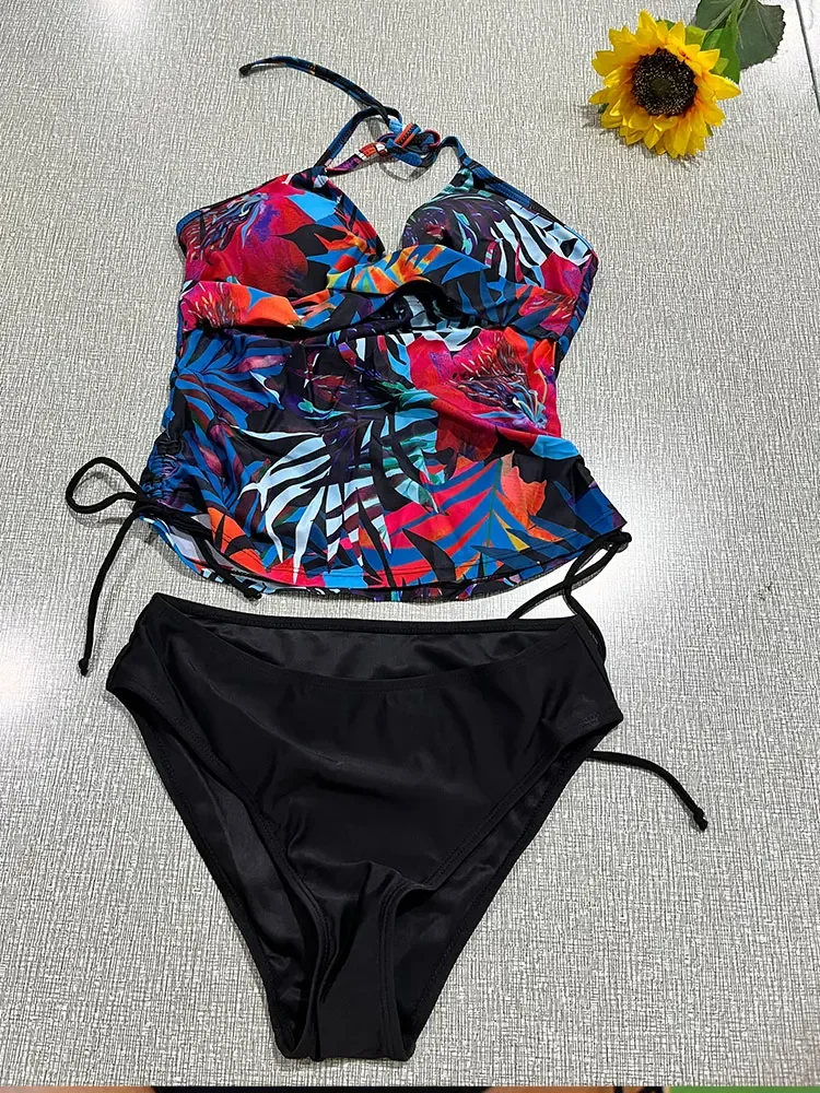 Botanical Floral Print Folds Drawstring Tankini Set