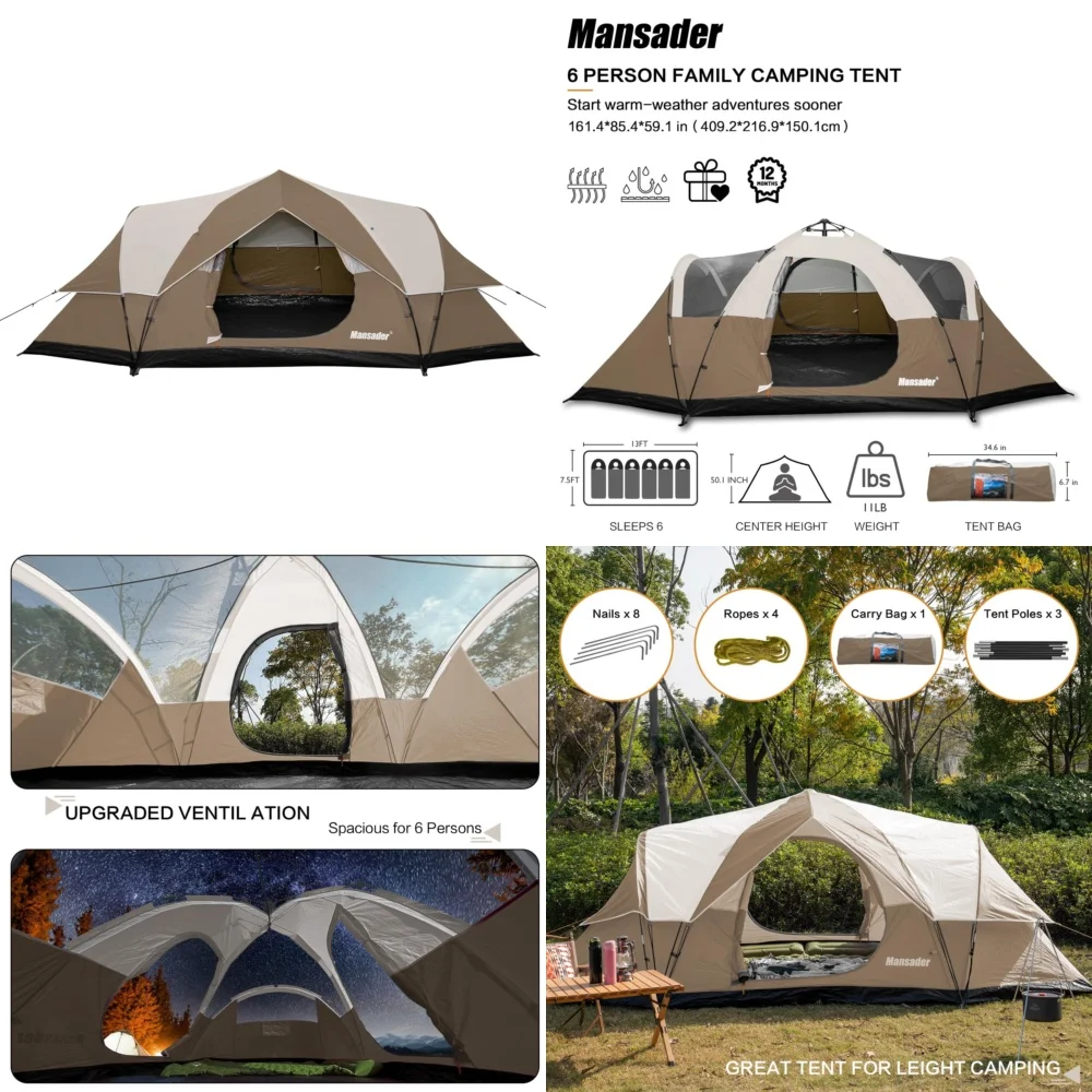 

GazebosSpacious 6 Person Waterproof Camping Tent with Rainfly Easy Setup for Family Outdoor Adventures