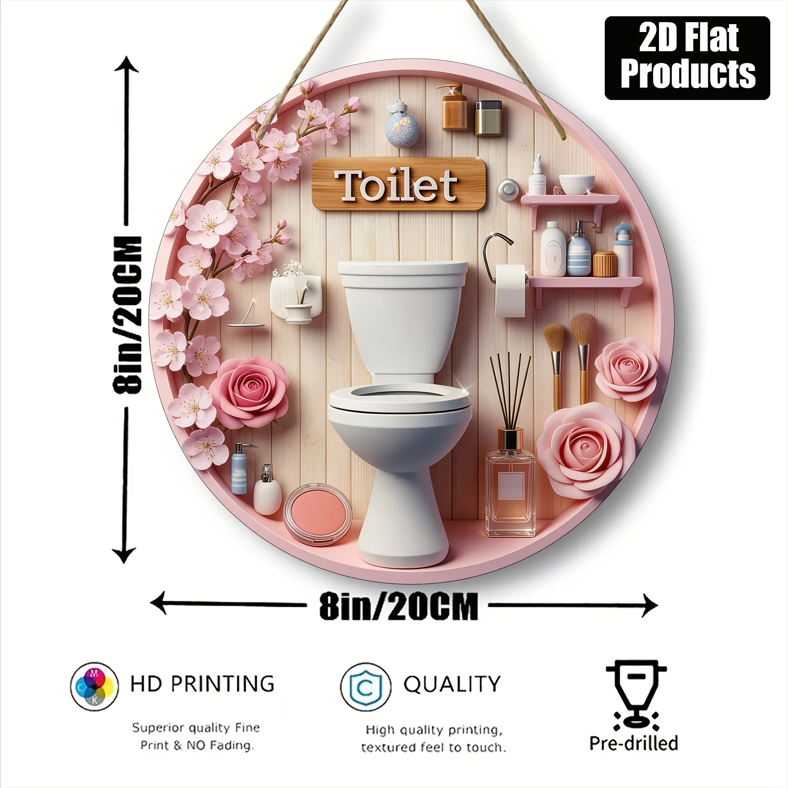2D Flat - A 2D Flat, 1pc, Round Wooden Decorative Sign with a Toilet Theme, Suitable for Decorating Bars, Kitchens, Cafes, Famil