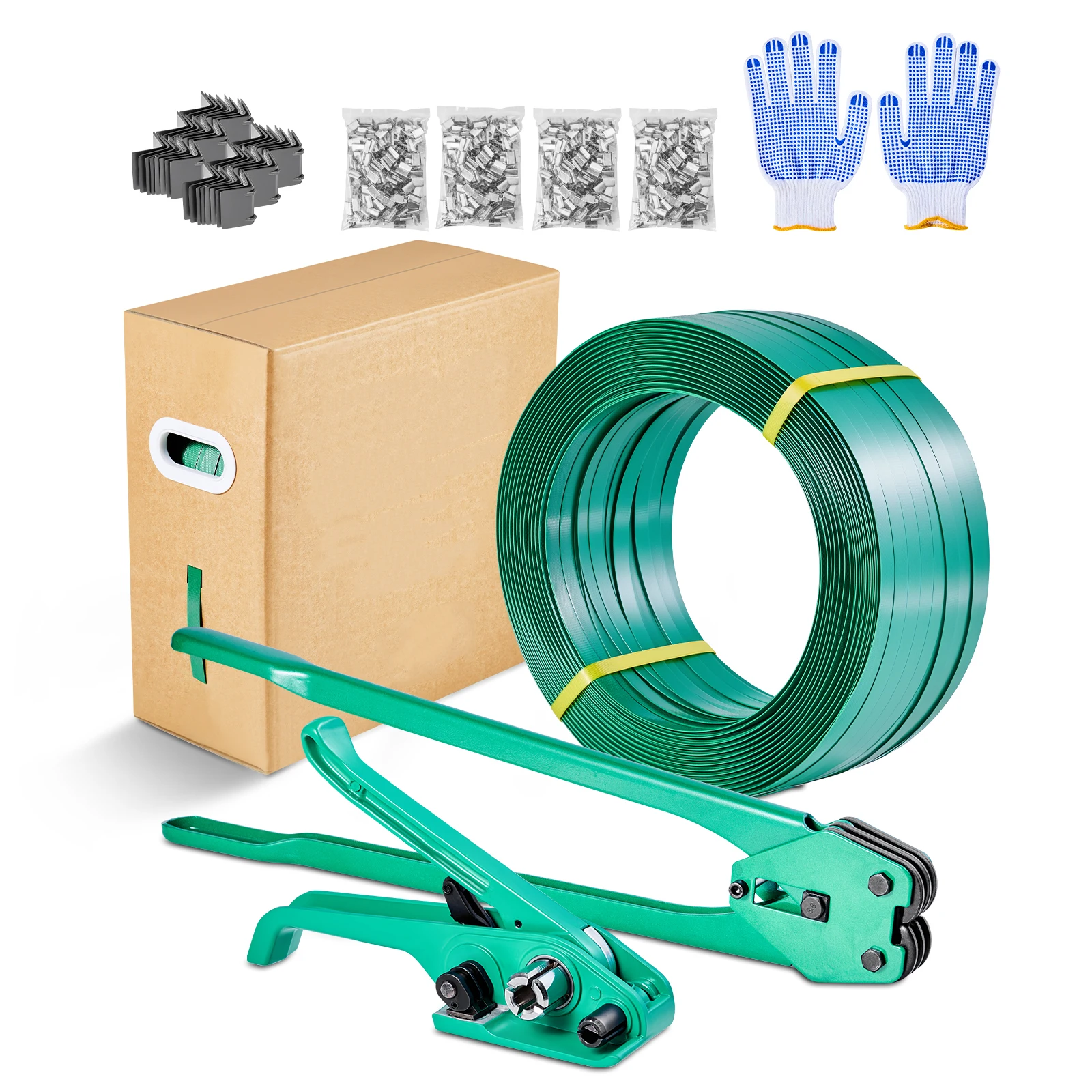 Kit de cerclage SucceBuy avec bande PET de 457 m, 450 attaches métalliques et gants – Outil de scellage pour palettes en plastique pour entrepôt