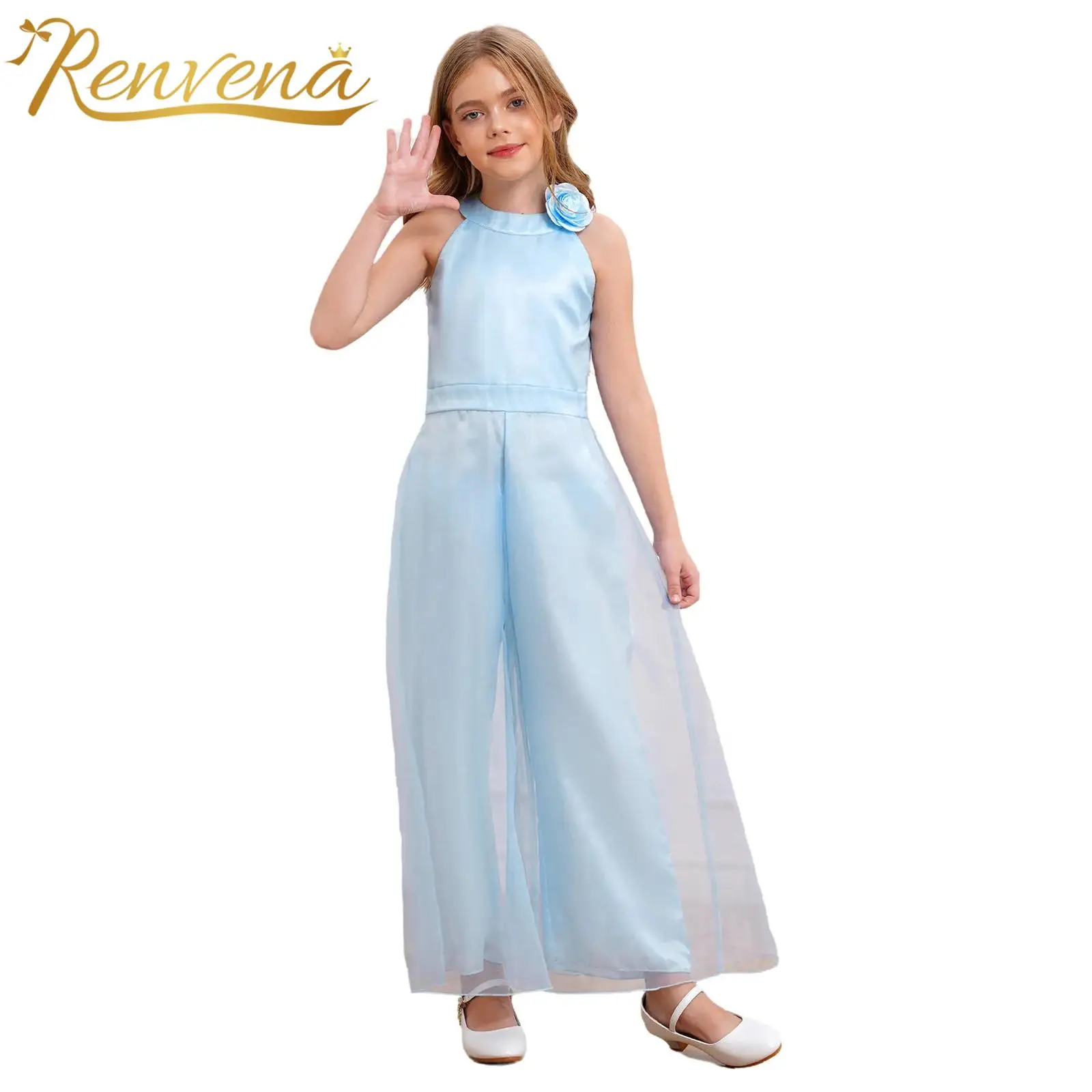 Kids Girls Elegant Party Rompers with Flower Brooch Halter Neck Sleeveless Wide Leg Pants Jumpsuit for Birthday Evenings Gown