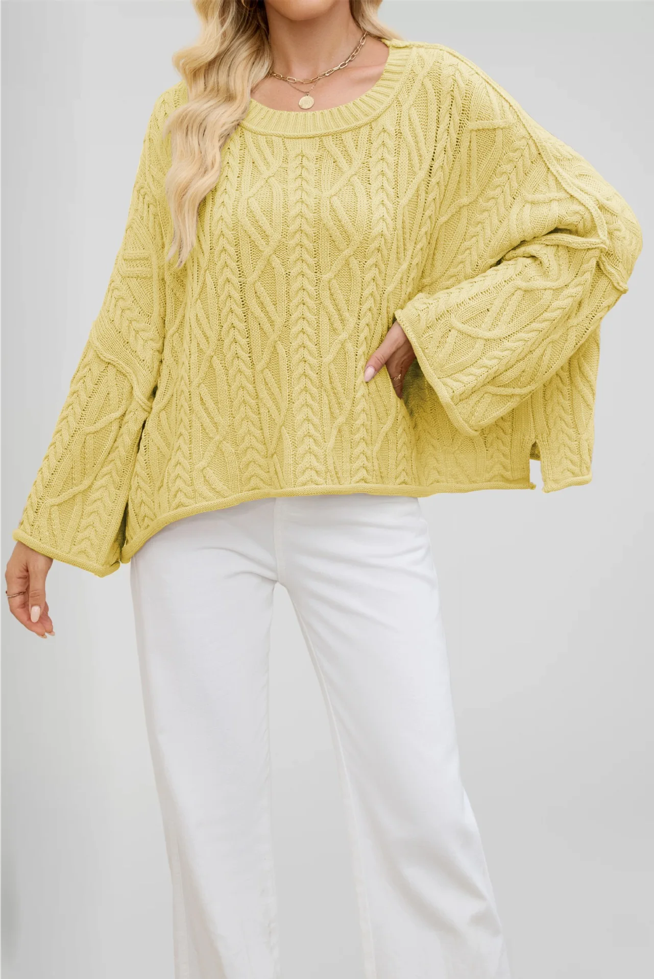 New Womens Oversized Cable Knit Bell Sleeve Sweater Crew Neck Side Slit Casual Pullover for Fall Winter view 5