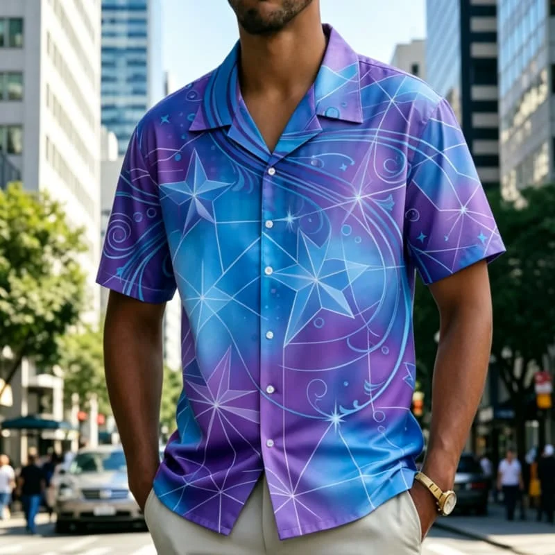 Men's Gradient Starry Geometric Print Shirt， for Beach Strolls, Summer Camps, Casual Hikes and Relaxed Outdoor Activities