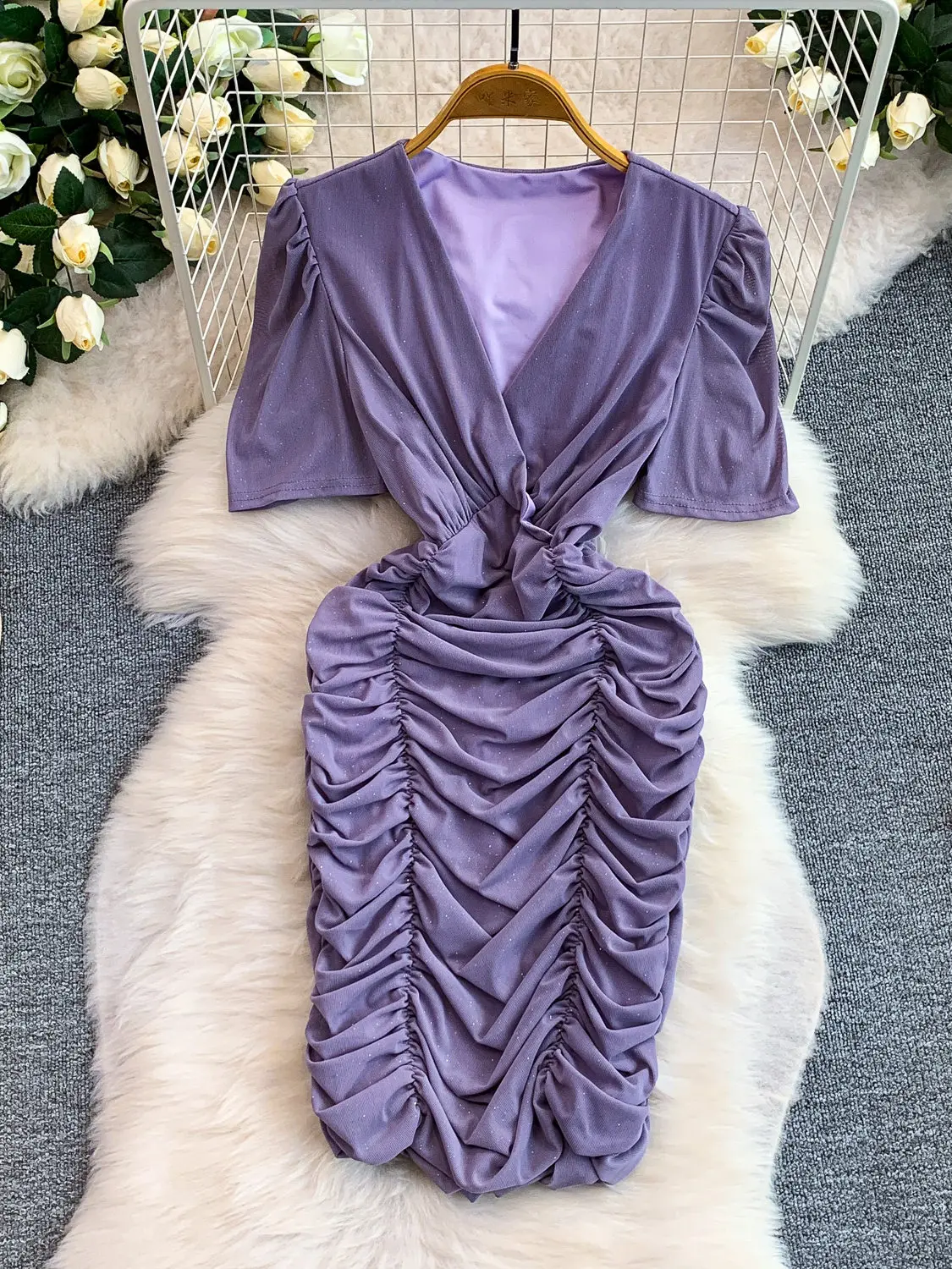 

Women Sexy V-neck Short Sleeve Dress Luxury Elegant Purple Evening Dress Vintage Mesh Sequin Bodycon Mini Dress for Women Summer
