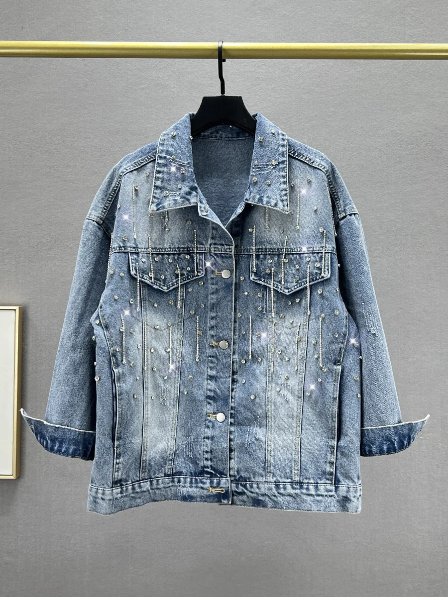 

Women's Oversized Denim Jaet with Fringe And Diamond Embelliments Collar Street Sle Cotton And Polyester Blend