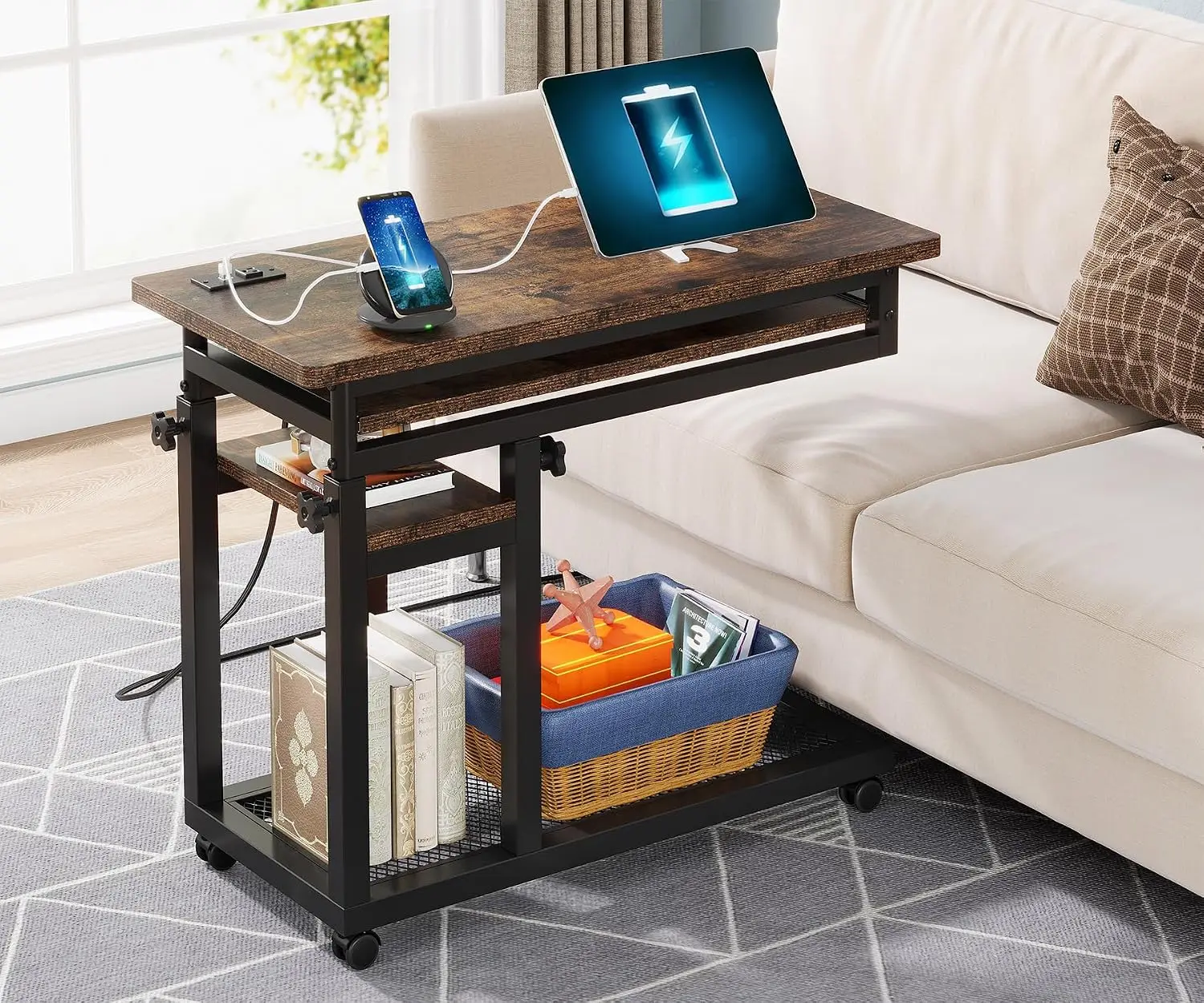 Small Portable Desk with Power Outlet Height Adjustable Sofa Bedside Laptop Table Wheels Mobile Standing Rolling Computer Cart U