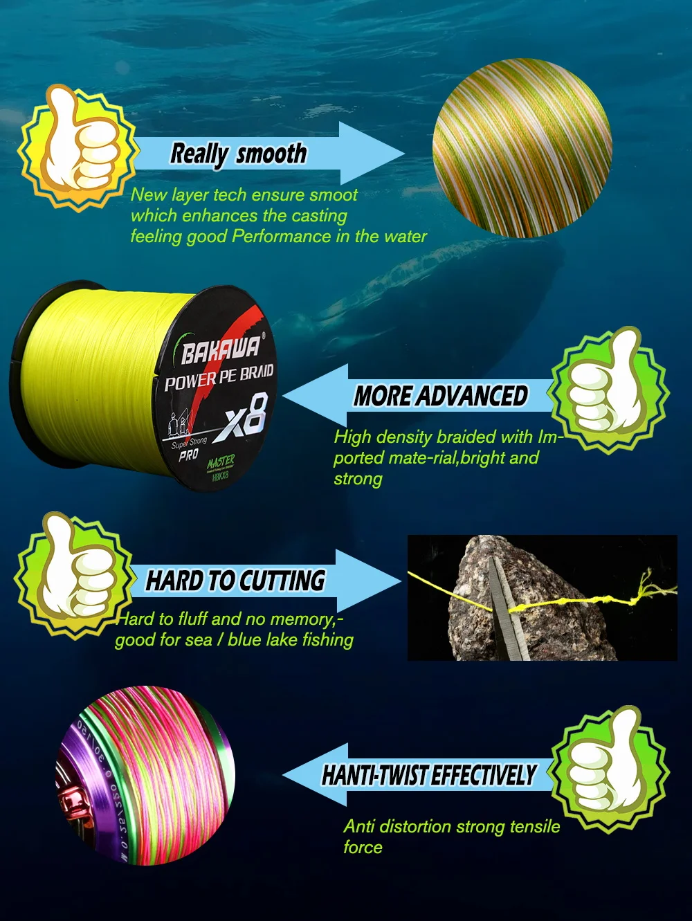 BAKAWA X8 300M PE Geflochtene Angelschnur 8 Stränge Starke Glatte Geflechtschnur Schnell Sinkend Salzwasser Süßwasser Karpfen Bass Angelausrüstung – Detail 8
