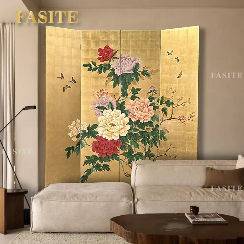 For Living Room Office Modern Minimalist Folding Screen Partition Gold Foil Peony Lacquer Painting Mobile Divider New Chinese