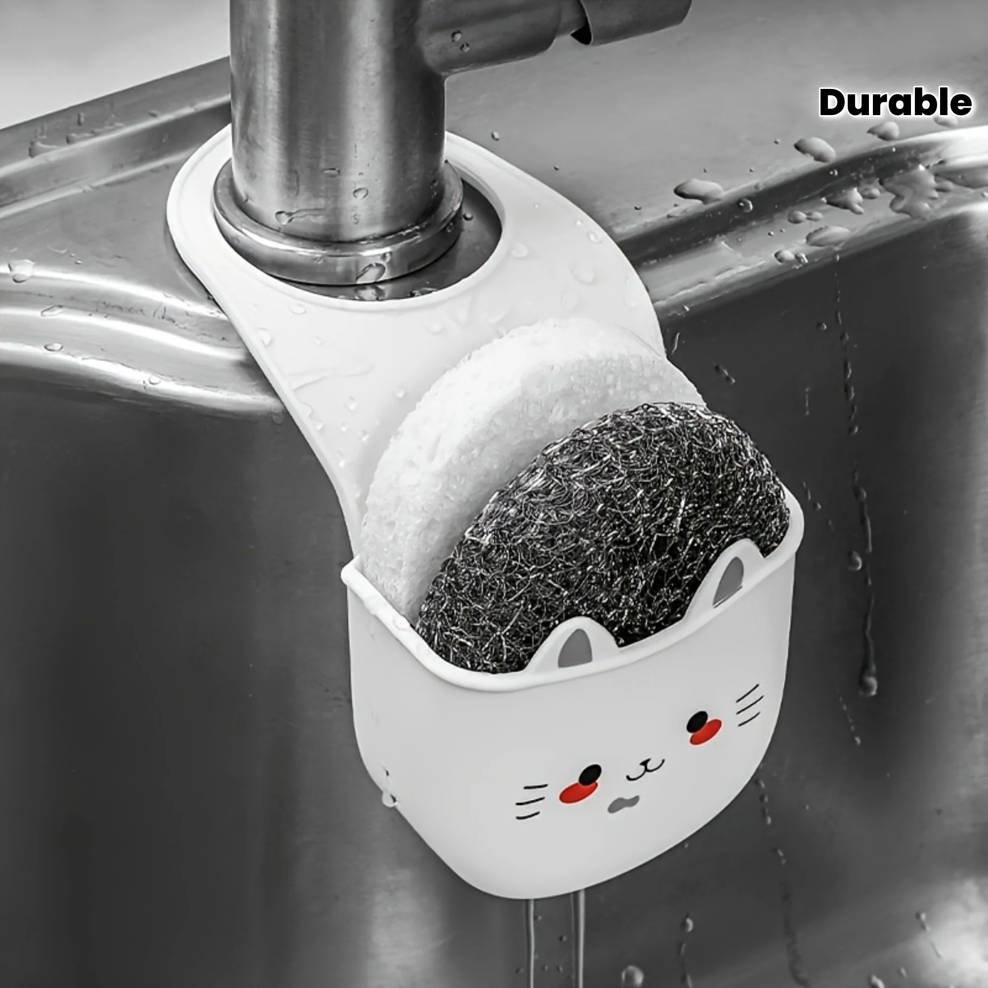 1 piece of cute cat-shaped silicone faucet holder with sponge storage rack and drainage holes, suitable for bathroom and kitchen
