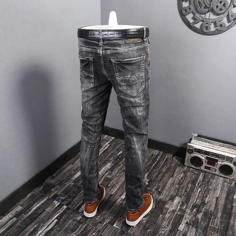 Street Designer Fashion Men Jeans Retro Black Gray Stretch Slim Fit Ripped Jeans Men Embroidery Vintage Y2K Denim Pants Hombre