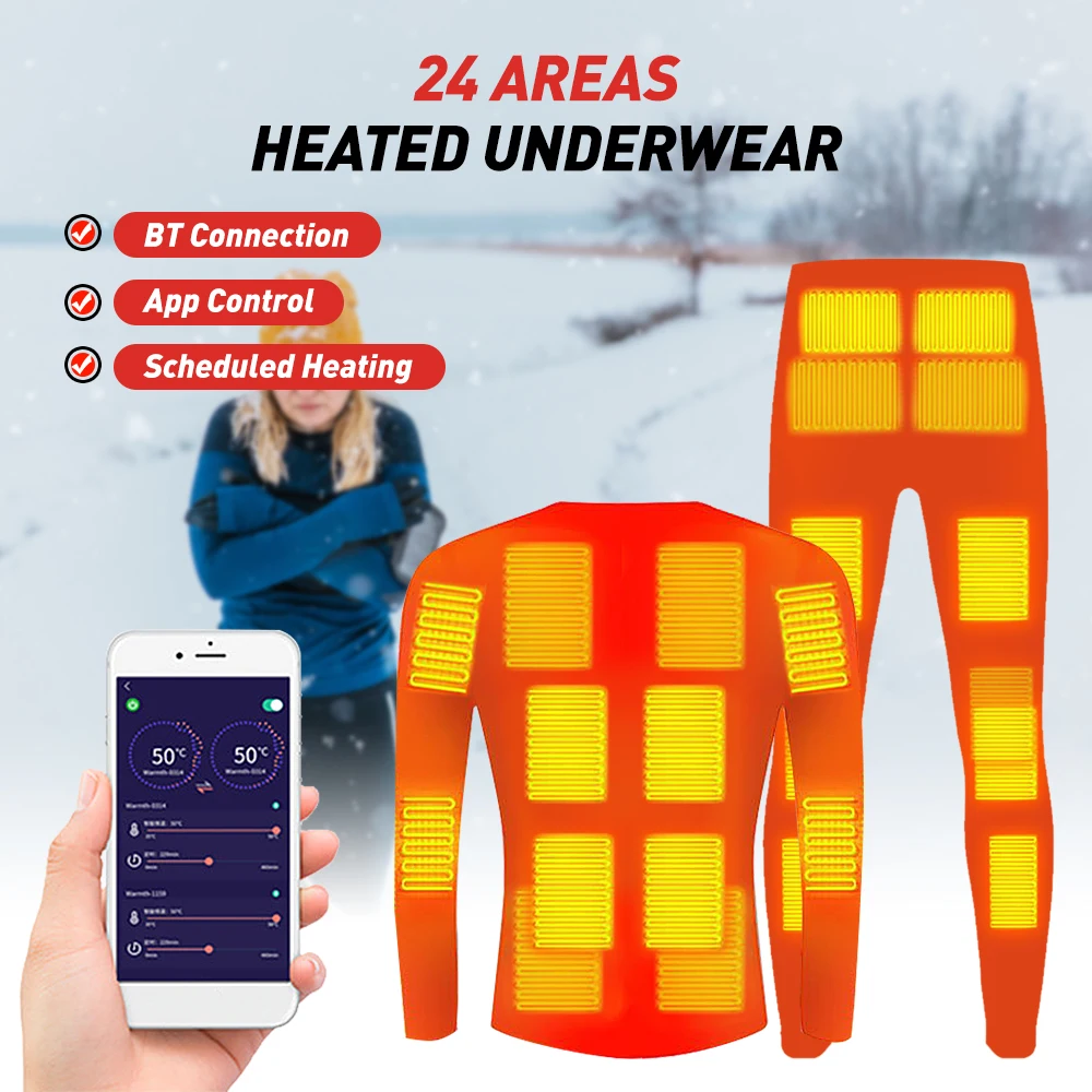 

Thermal Underwear for Men Women Winter Warm 24 Areas Electric USB Heated Heating Shirt and Pants Set App Control 5 Temperature