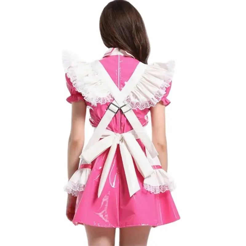 French Sexy Adult Custom Fetishist Cross Dresser with Girly Lapel and Fluffy Shoulder Cross Independent Apron with Elastic Cuffs