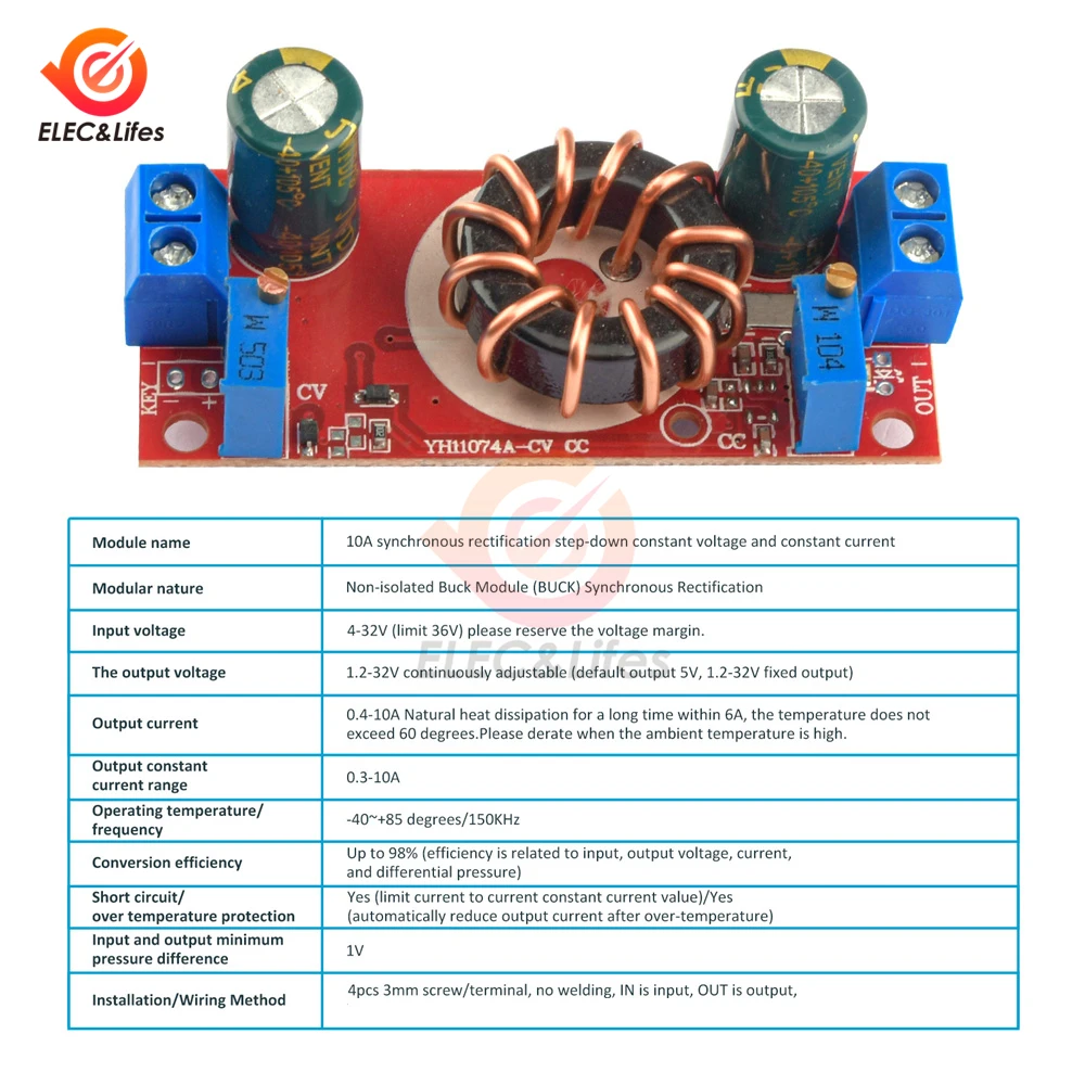 DC-DC 4-32V to 1.2-32V 10A Step Down Module Solar Charger Constant Voltage Current Adjustable Buck Converter LED Driver