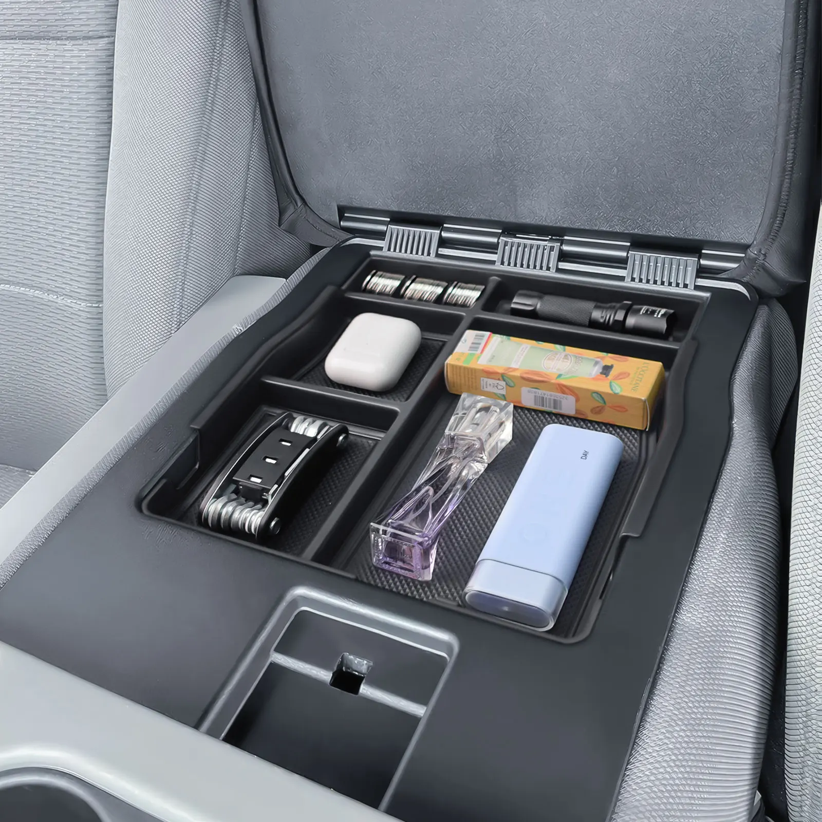 منظم المقعد المركزي الأمامي لـ 2017-2024 2025 Ford F150 F250 F350 F450 ملحقات القفز مسند ذراع المقعد تخزين صندوق إدراج صينية