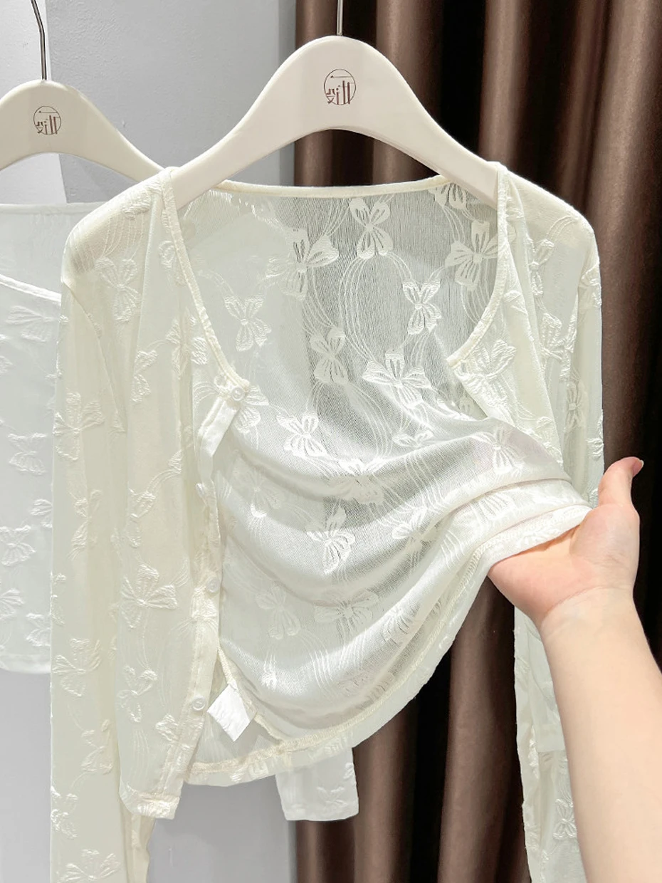 Lace  Knot Thin Short Sleeveless Cardigan Women's Long Sleeve Sun Protection Cover up Beachside Spring Commute Style