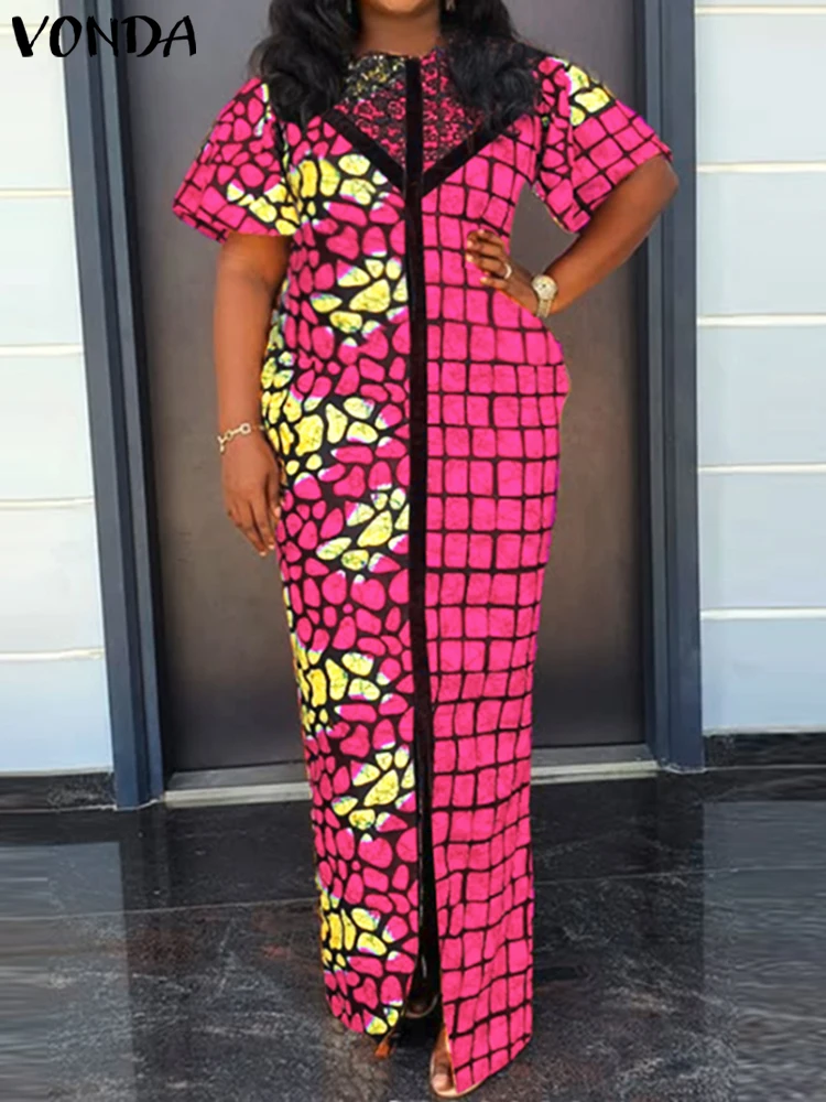 VONDA 보헤미안 여름 롱 드레스 여성 빈티지 짧은 소매 Maxi Sundress 2025 캐주얼 프린트 패치 워크 비치 베스 티드 오버 사이즈