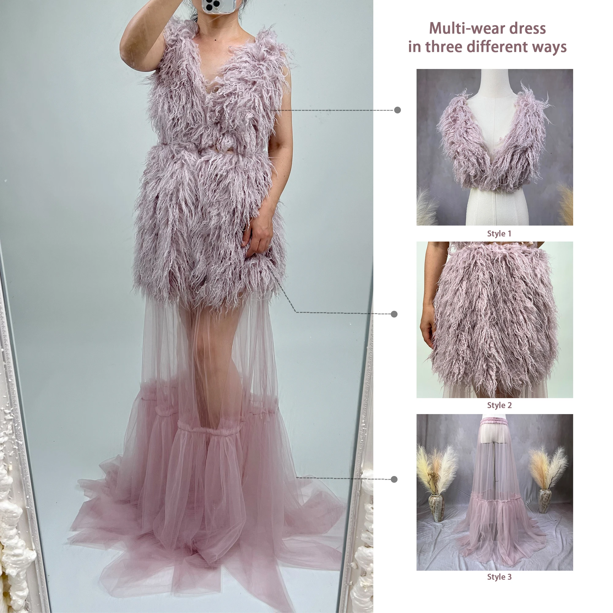 Don&Judy Faux Mongolian Fur Top and Skirt with Matched Tulle Skirt Set Maternity Gown for Photoshoot Maternity Photo Shoot Dress