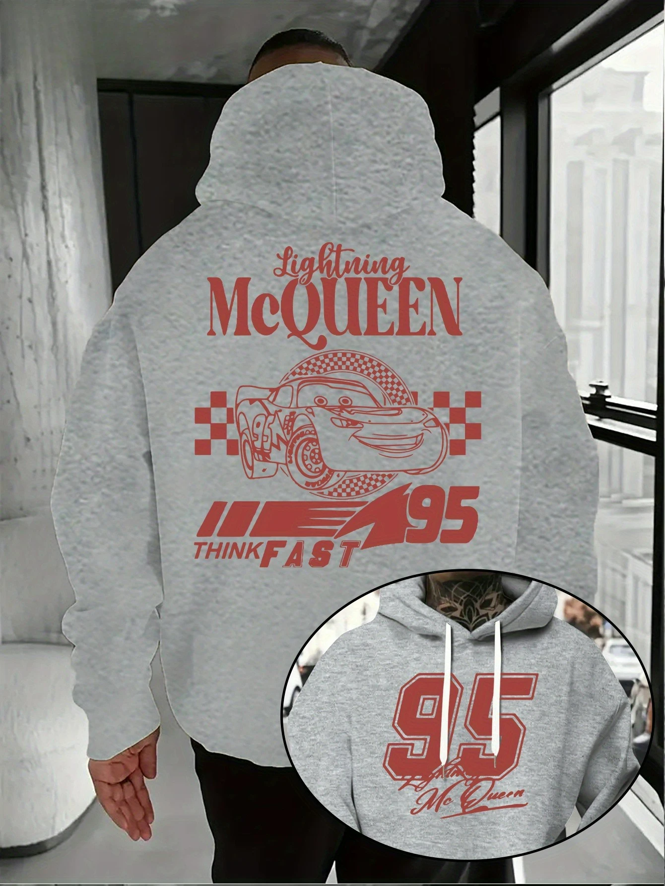 سترة نسائية بغطاء للرأس من Disney Car Lightning McQueen للخريف والشتاء، بلوفر كاجوال للزوجين، ملابس رياضية، سترة بغطاء للرأس كبيرة جدًا
