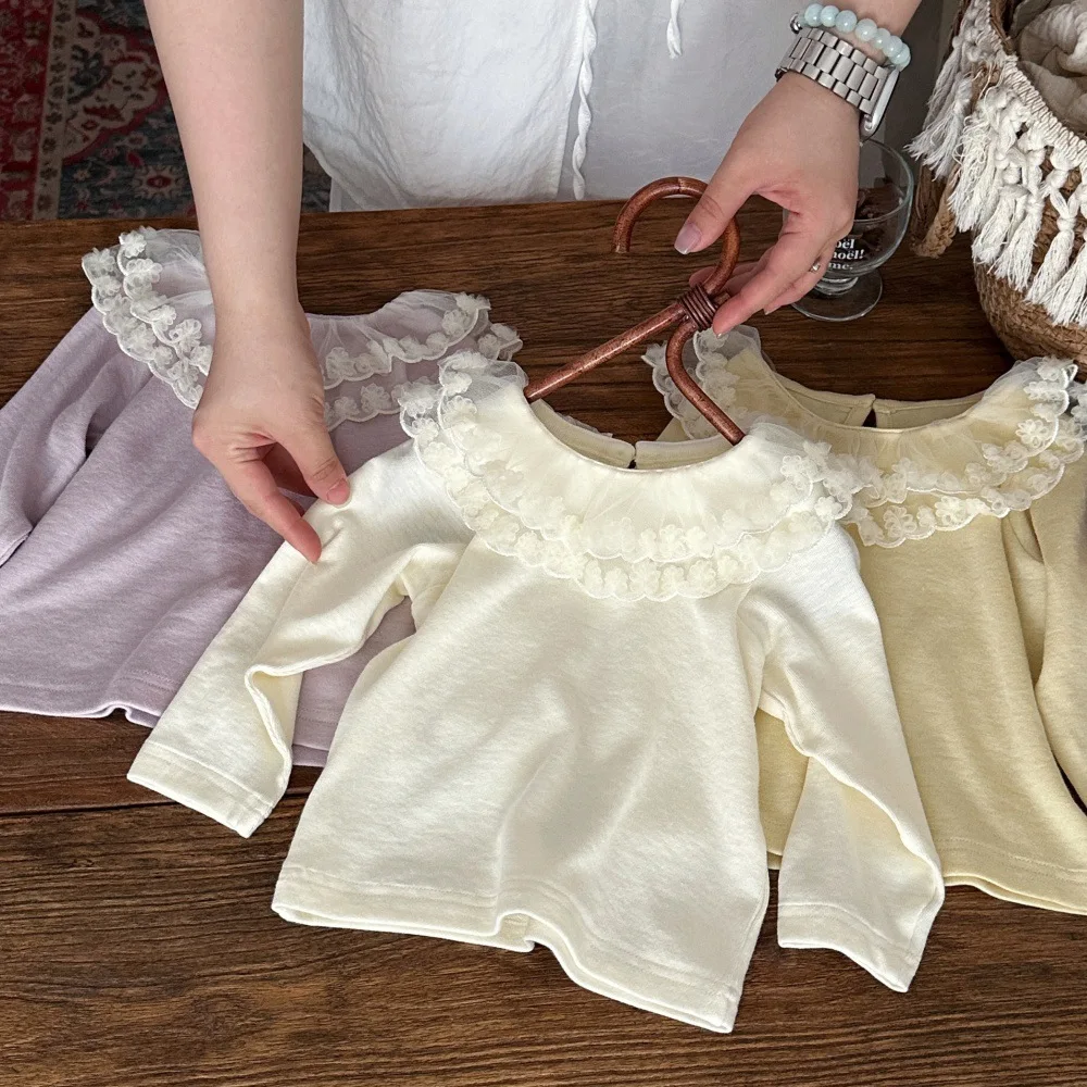 Baby Girls Long Sleeve Tops Autumn Double Layered Ruffle Collar Toddler Princess Blouse SolidColor BottomingShirt Infant Clothes