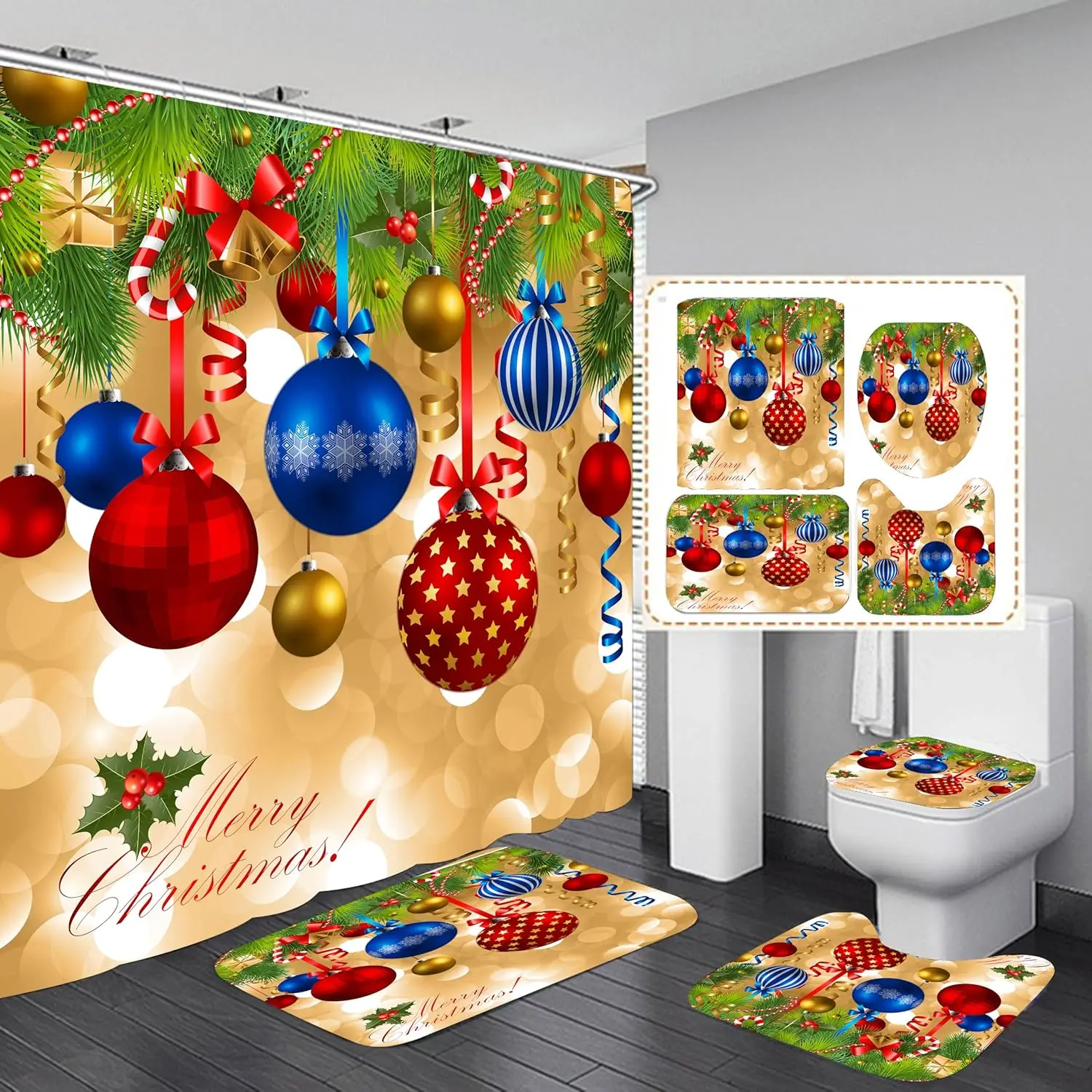 

Наборы занавесок для душа с Рождеством для ванной комнаты, красочные воздушные шары с нескользящими ковриками, крышка для унитаза, коврик для ванной, водонепроницаемый, 4 шт.