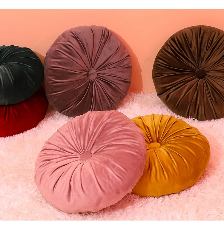 Home Decorative Craftsmanship Pleated Throw Pillow Round Pumpkin Velvet Cushion Floor Pillows for Living Room Chair Couch Sofa