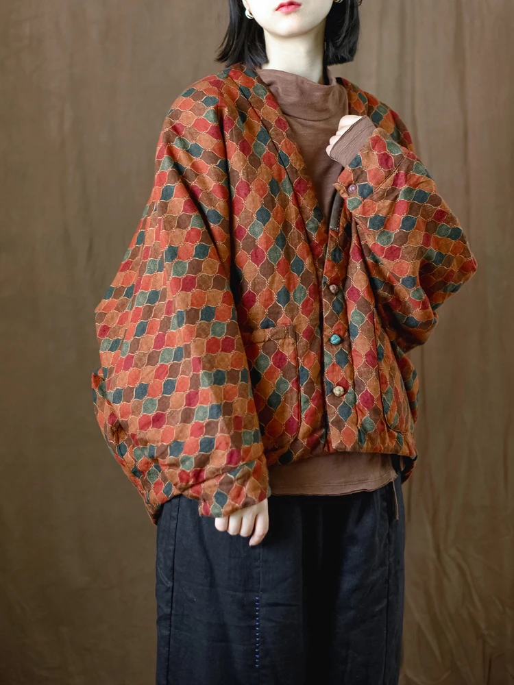 

Хлопковое льняное пальто с цифровым принтом в стиле ретро, женское зимнее теплое хлопковое льняное пальто большого размера в стиле ретро