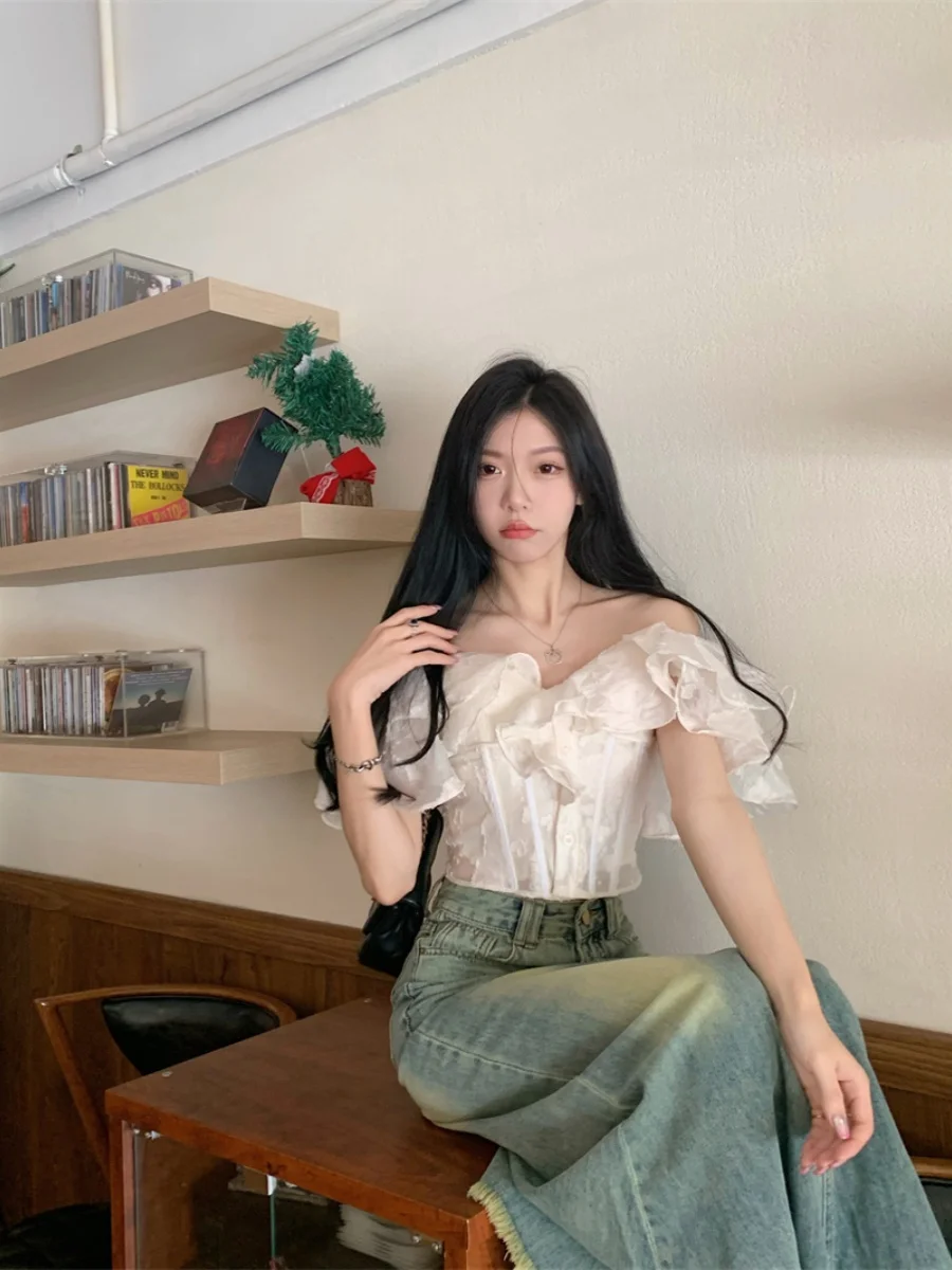 Korejpaa French Style White Shirt Ruffle Slash Neck Off Shoulder Short Shirts Women 2024 Summer Slim Crop Top Ins Fashion Blouse