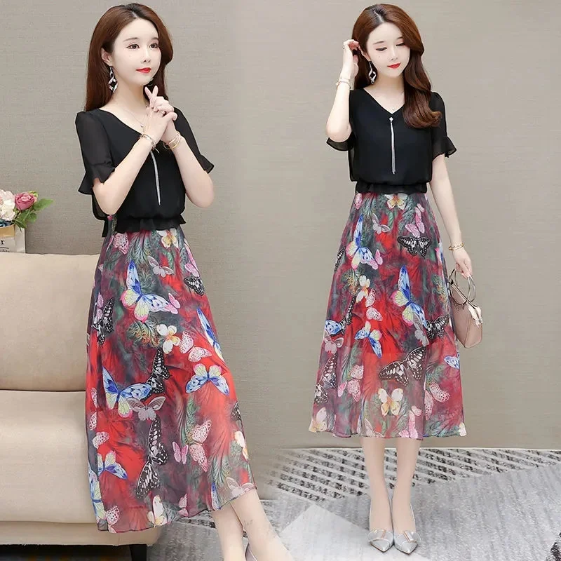 Printed Dress Women Summer 2024New Korean Version Of Self-Cultivation Age Reduction Leave Two Middle-Aged Over-Knee A-Line Skirt