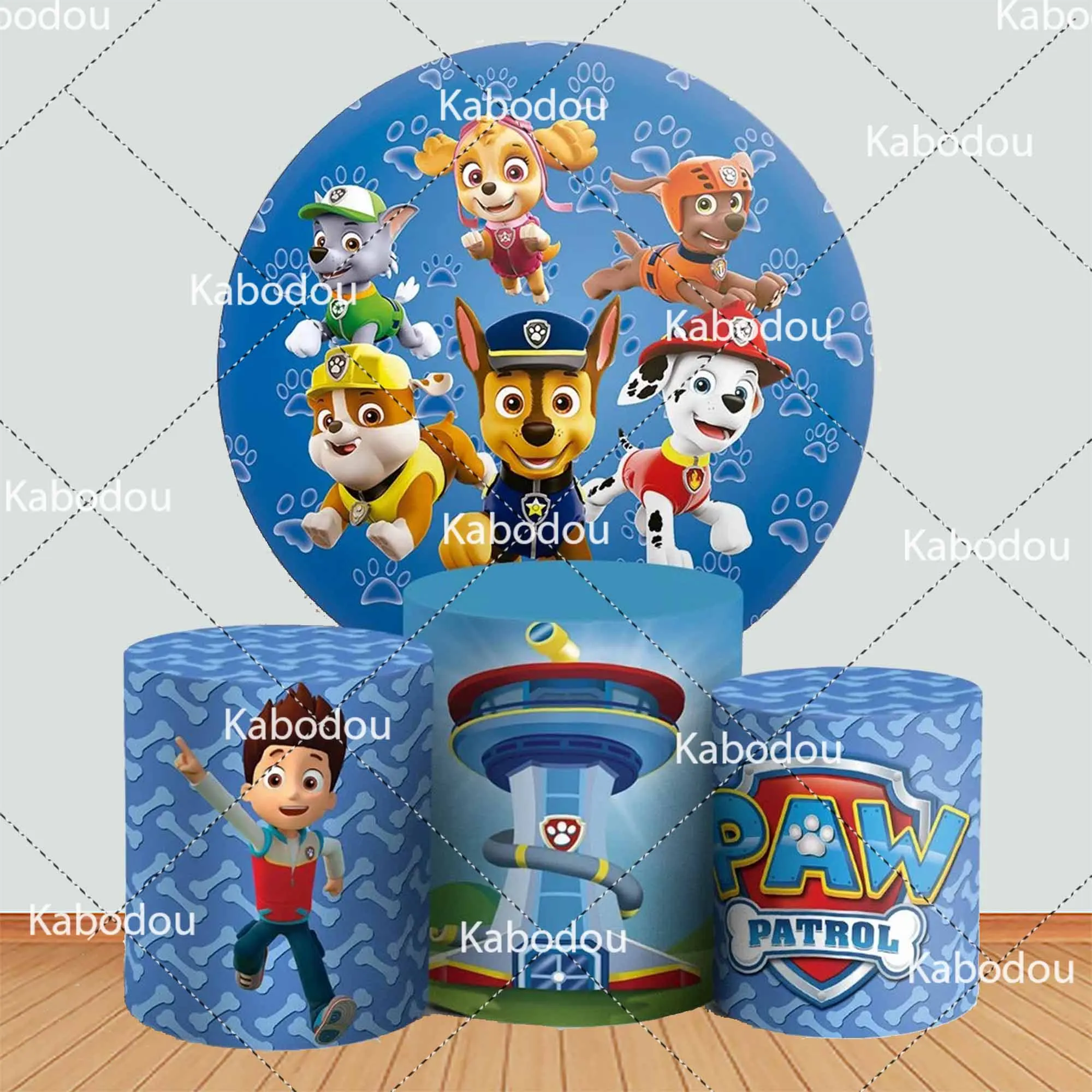 Paw Patrols Blue  Round Backdrop Boy Birthday Party Decoration Cartoon Photo Photography Background Baby Shower Cylinder Cover