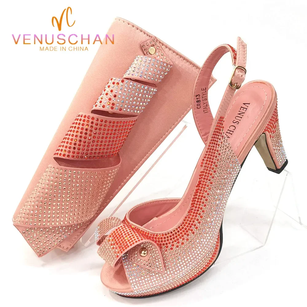 

Venus Chan Newest INS Style Peach Color Rhinestone Elegant High Heels Nigeria Popular Design African Ladies Shoes And Bag Set