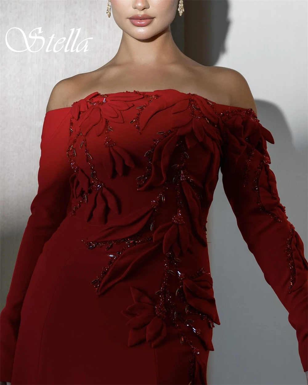 Sukienka wieczorowa na ramiączkach z długim rękawem, wysokiej jakości, z dżerseju, na studniówkę, z delikatnymi kryształkami, szyta na miarę, wykwintna.