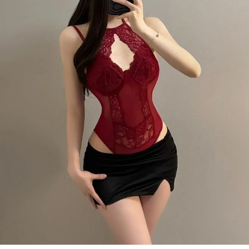 Hanging Neck Spicy Girl Temperament Suspender Jumpsuit Sexy Hollow Lace Shapewear Pure Desire Hanging Top Sexy Bodysuit Lingerie
