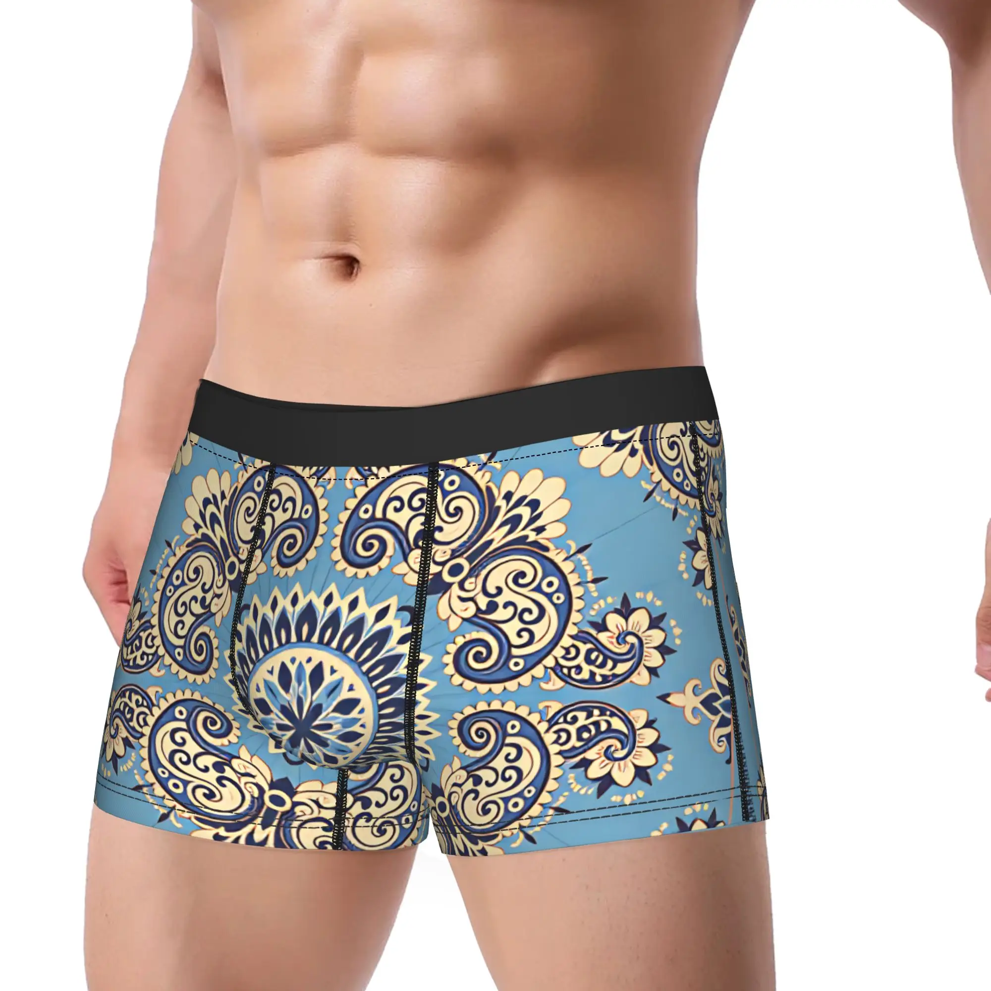 Blue Paisley Pattern Underwear  Novelty Underpants Print Boxer Brief For Men 3D Pouch Plus Size Boxershorts