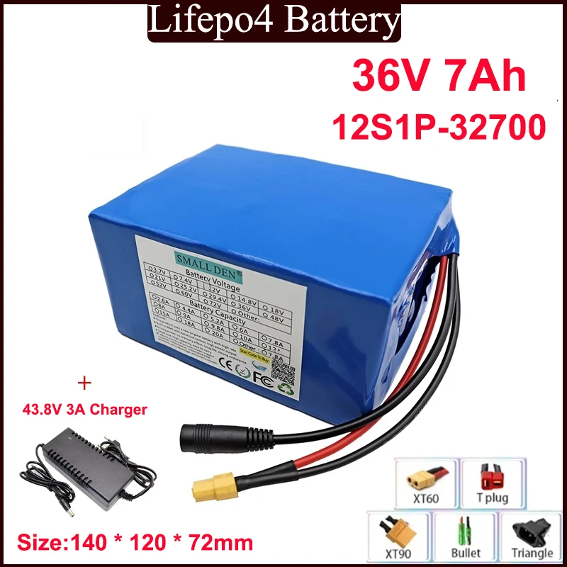 Batterie Lifepo4 36V 7Ah + chargeur 43.8V 3A 12S1P-32700, 30A intégré avec port BMS 38.4V veFePO4 + chargeur 3A