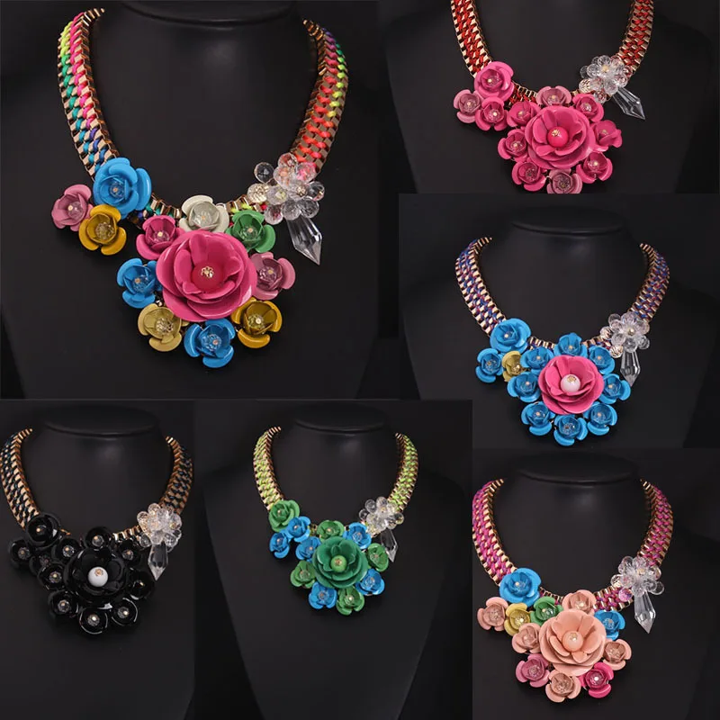 European and American Big Brand 6-color Multi-layer Flower Woven Short Collarbone Necklace Fashionable Women\'s Accessories