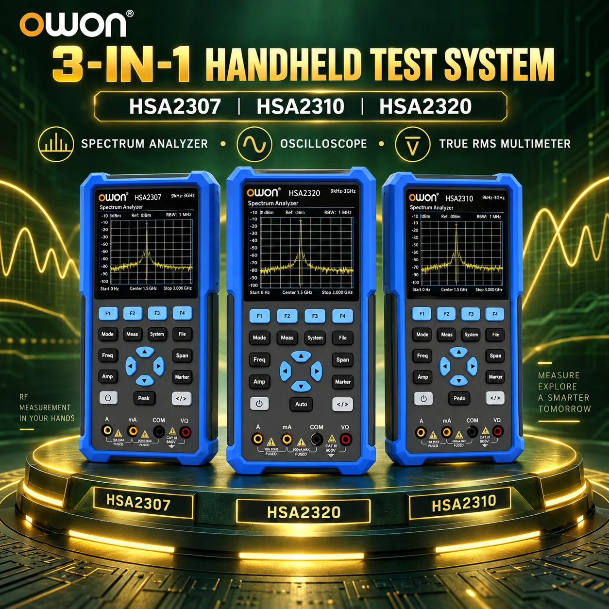 OWON HSA2307 HSA2310 HSA2320 3-in-1 draagbare spectrumanalysator, oscilloscoop, True RMS-multimeter, 9 kHz - 3 GHz, 70-200 MHz, tot 1 GSa/s.