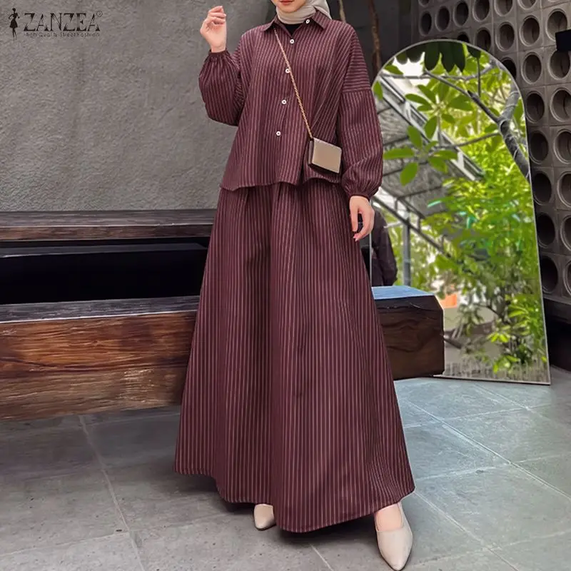 ZANZEA Muslim Skirt Sets Women Loose Long Sleeve Shirt & A-Line Long Skirt 2-Piece Matching Sets Islamic Hijabis Casual Outfits