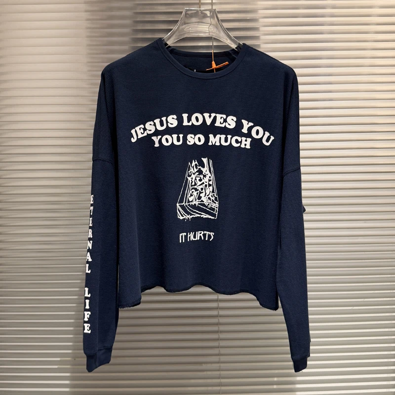 Paly Long Sleeved American Style Retro High Street Trend Waffle Fabric High Quality Loose Fitting Casual T-shirts