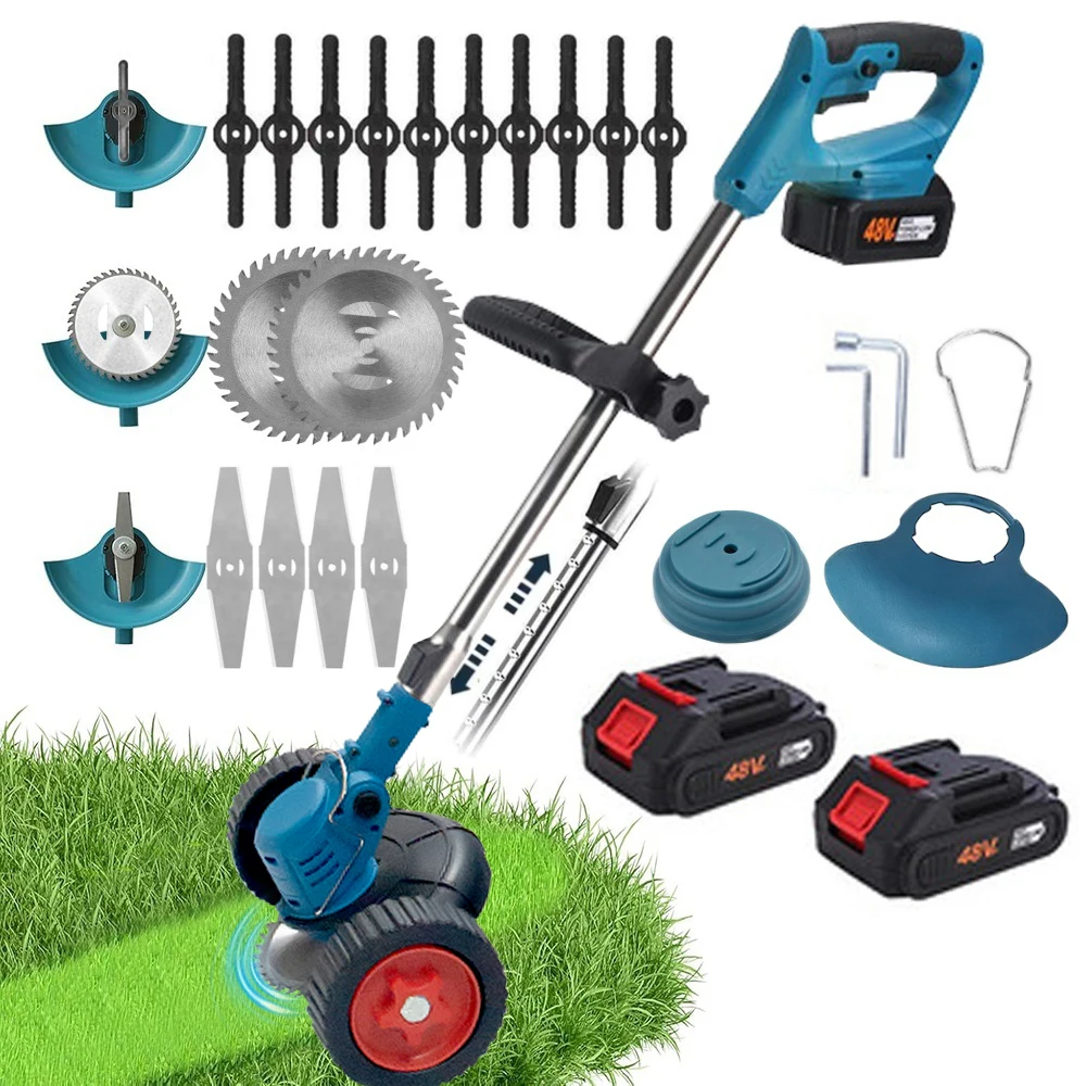 Elektrischer Rasenmäher, kabelloser Grasschneider mit 2 Akkus, handgehaltener Rasenmäher, Grastrimmer mit einstellbarer Länge, Garten-Elektrowerkzeug