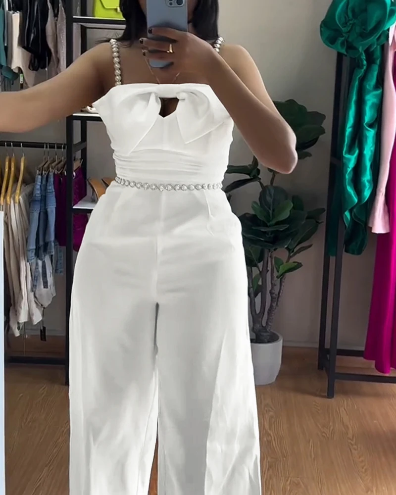 

Jumpsuit Women 2025 Spring New Bandeau Beaded Spaghetti Strap Bowknot Design Ruched Slim Fit Jumpsuit Elegant Wide-Leg Overall